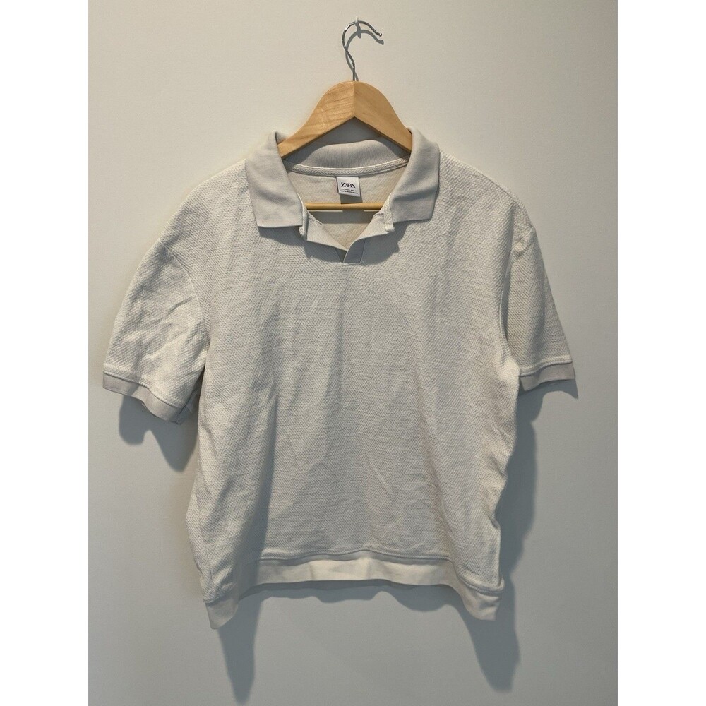ZARA Men's Off White‎ Short Sleeve Knit Polo Collared Cotton Blend Size Large